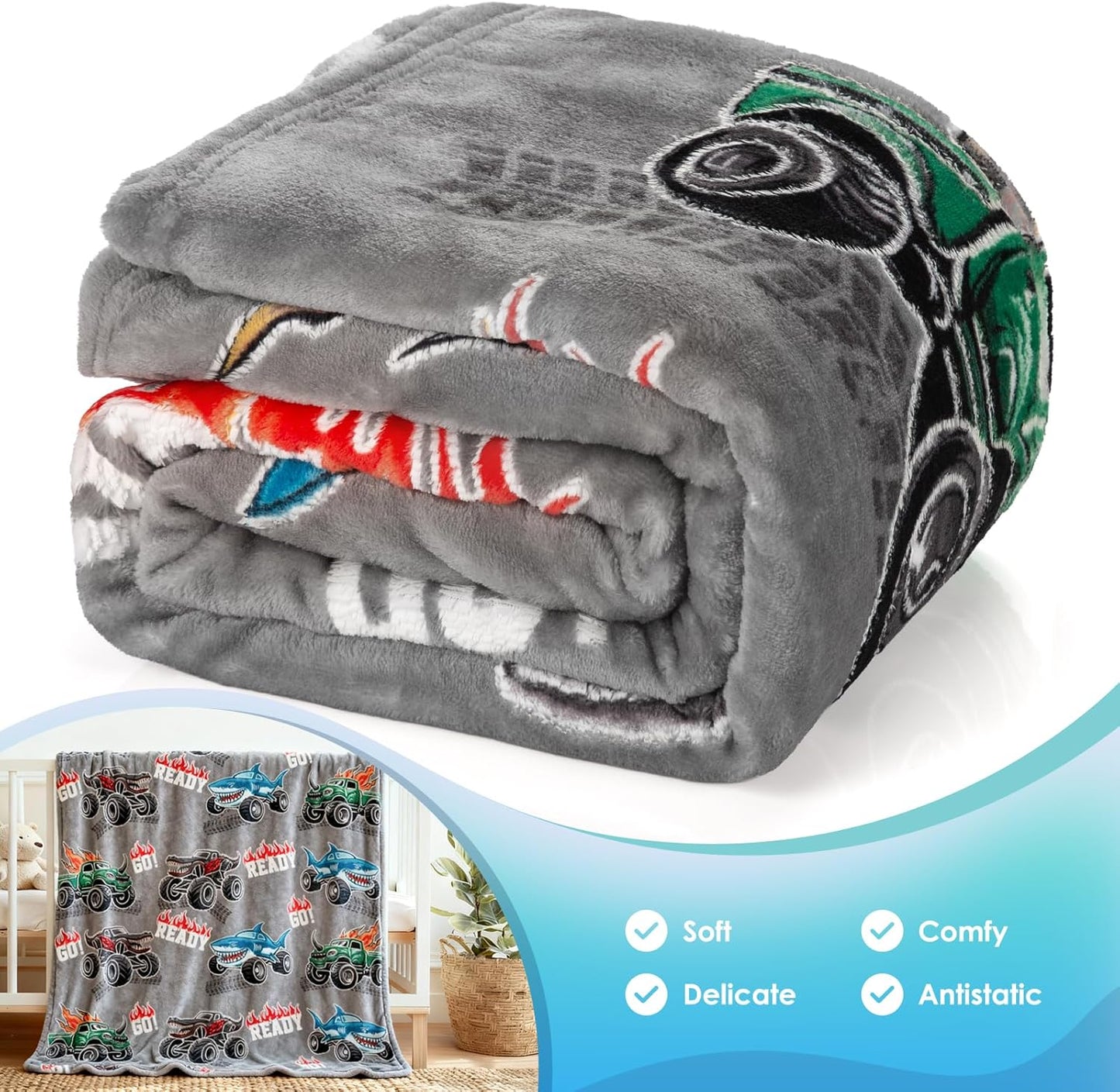 Jekeno Truck Shark Glow in The Dark Blanket Gifts for Kids Boys Girls Teens Birthday Christmas Halloween Excavator Construction Tractor Car Throw Age 1-16 Years Old Toddlers Room Decor Grey 50"x60"