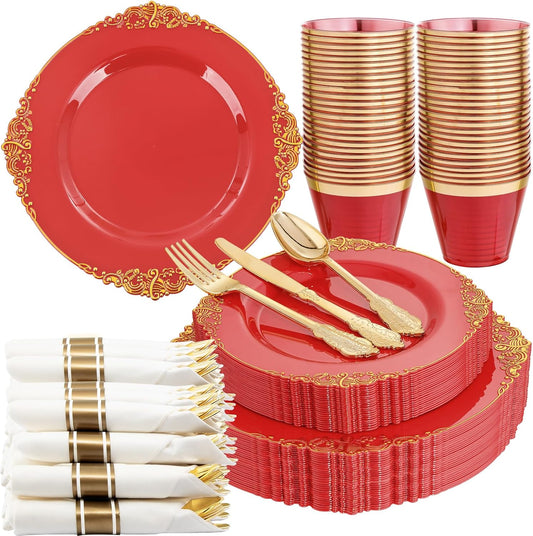 Nervure 175PCS Red Plastic Plates - Disposable Red Gold Party Plates & Pre Rolled Napkins with Cutlery for 25 Guests, 50Plates, 75Silverware, 25Cups, 25Napkin for Wedding & Party & Independence