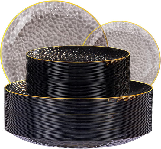 SUT 100Pcs Black Plastic Plates, Hammered Plates Disposable Heavy Duty, Black Disposable Plates With Gold Rim, Fancy Plastic plates Include 50 Dinner and 50 Dessert plates for Wedding