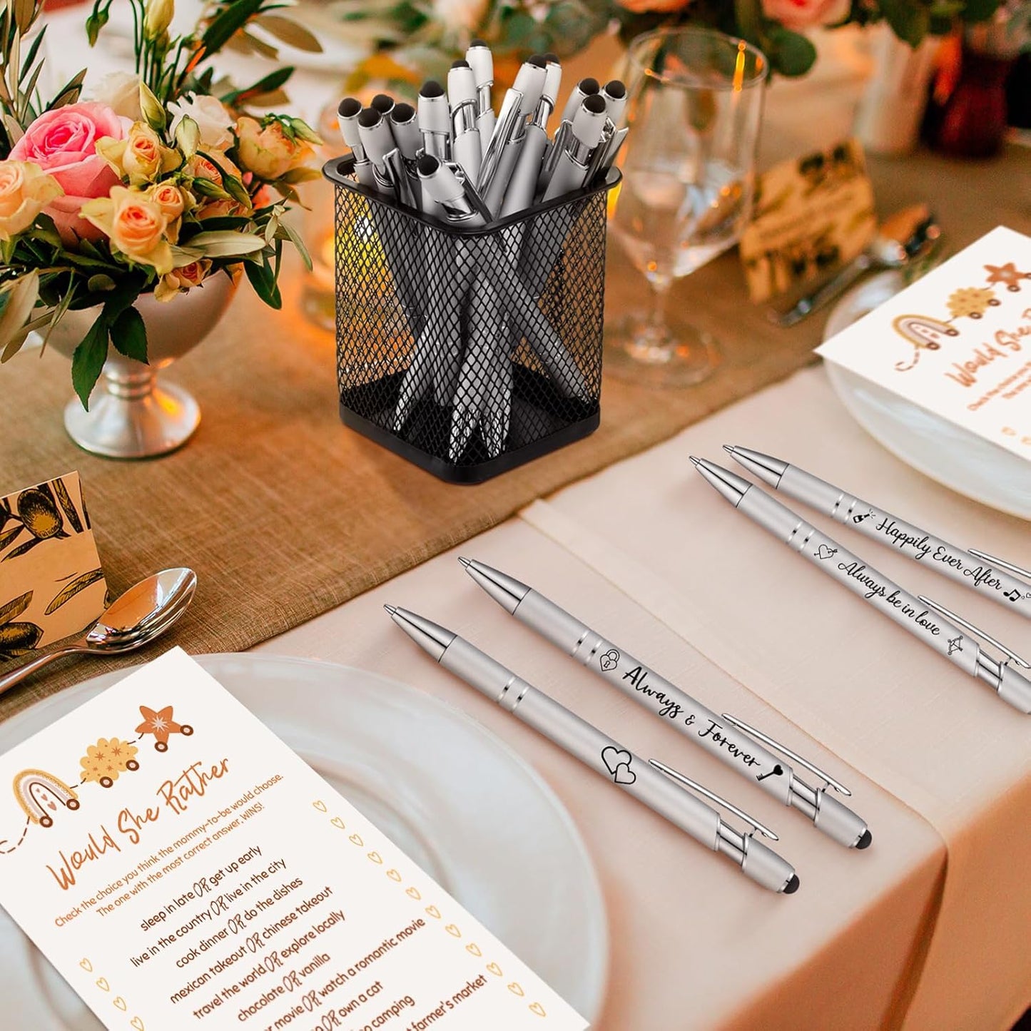 Kisston 36 Pcs Wedding Pens Bulk Bridal Shower Pens Favors Bachelorette 6 Styles Retractable Ballpoint Wedding Favors Supplies for Guest Game Office(Silvery)