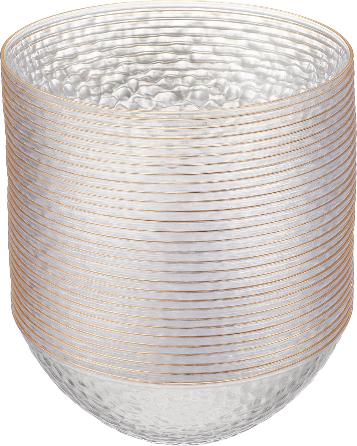 PLASTICPRO 30 Pack 12 Ounce Hammered Plastic Bowls, Heavyweight Disposable Bowl Set, Elegant Clear with Gold Rim, BPA Free, for Parties, Dinners, Events