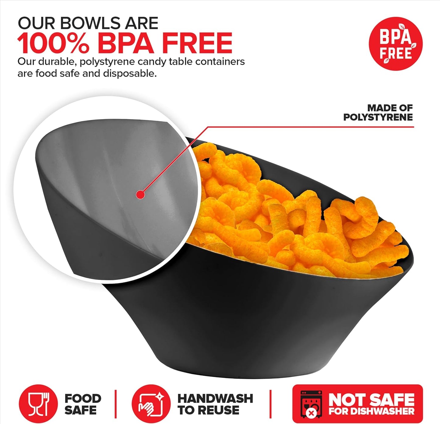 20oz Black Plastic Serving Bowls (4 Pack) Medium Disposable Snack Bowl Candy Dishes, Buffet Containers for Chips, Popcorn, Snacks, Mints, Salad Bar, Parties, Office Desk, Bridal Shower, Party Supplies