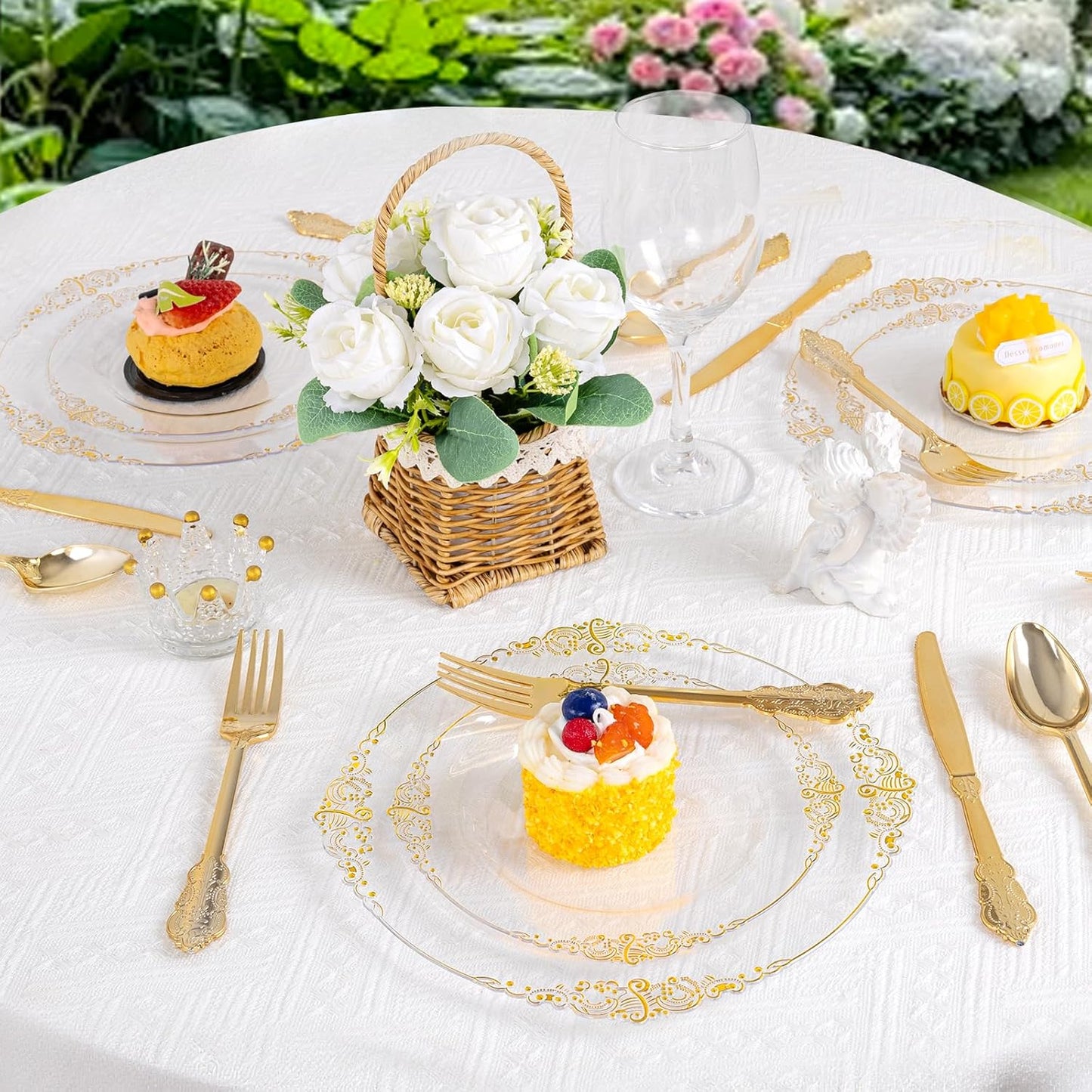 125PCS Clear Gold Plastic Plates - Fancy Clear Disposable Plates - Thanksgiving Plate with Gold Plastic Silverware Set for 25 Guests for Party & Wedding & Holiday