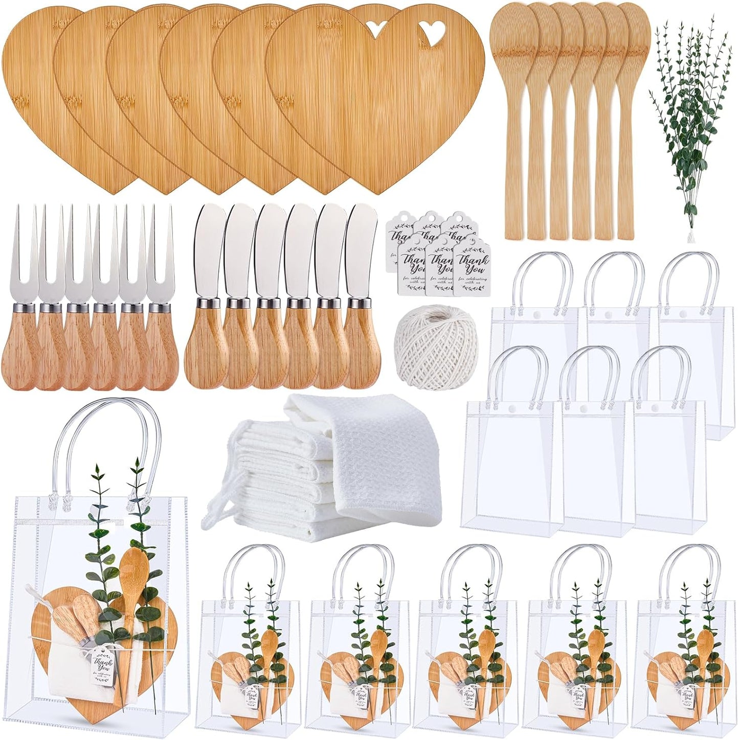 55Pcs Baby Shower Prizes for Game Winners 6 Sets Charcuterie Board with Spoons Butter Spreaders Forks Plaid Towel Thanks Card and Gift Bags for Bridal Shower Favors Party (Heart Shaped)