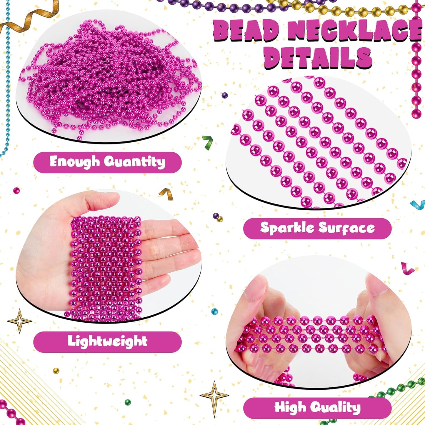 12 PCS Rosered Beads Necklaces, Breast Cancer Awareness Accessories, 33" Mardi Gras Beads Bulk, Round Christmas Necklace for Wedding Holiday Events Parade Pirate Party Favors Decorations