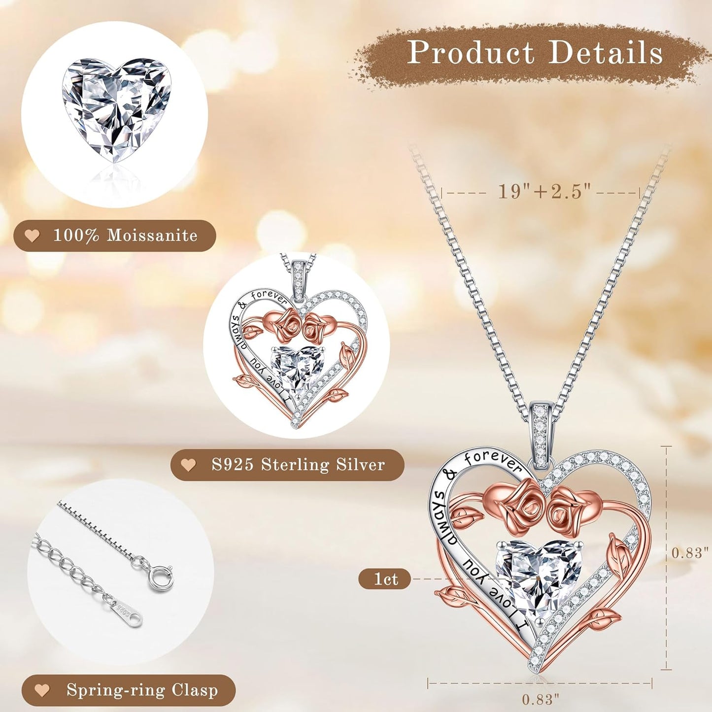 MOOSEA Gifts for Wife Mom - S925 Sterling Silver 1-3 ct D Color VVS1 Clarity Moissanite Necklace, Anniversary Birthday Gift for Her