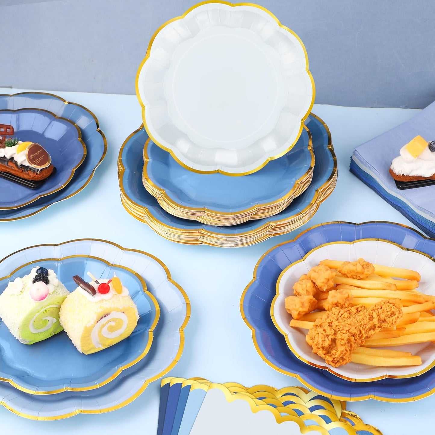 100 Pcs Dusty Blue Paper Plates and Napkins Gold Foil Scalloped Paper Plates & Napkins Disposable Tableware Set for Birthday Wedding Baby Shower Party Decorations