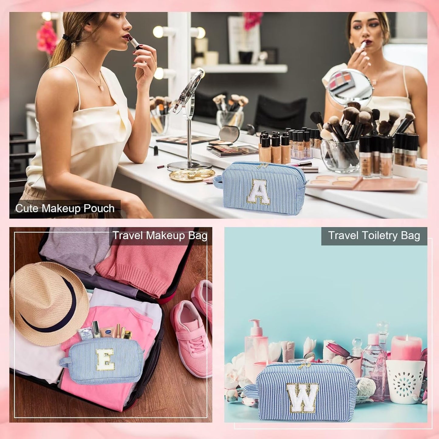 YOOLIFE Bridal Shower Gifts - Bridesmaid Bag, Bridesmaid Proposal Gifts for Wedding Day, Bride to be Gifts, Maid Matron of Honor Gift, Bachelorette Party Favors, Blue Initial Makeup Bag Cosmetic Bag E