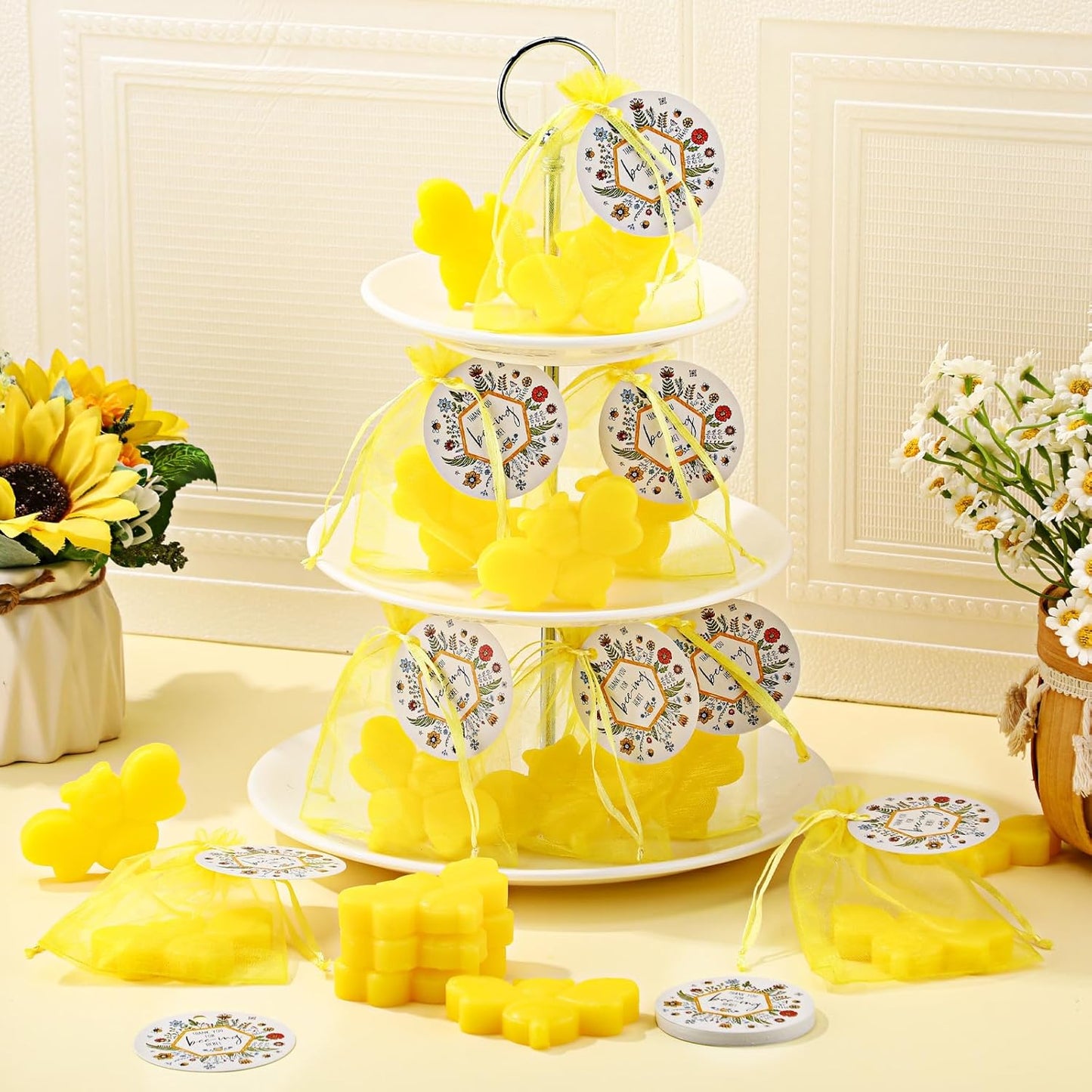 50 Sets Baby Shower Soap Favors for Guests Girl Boy Mini Bee Handmade Scented Soaps with Thank You Tags and Organza Bags for Shower Gender Reveal Party Favors