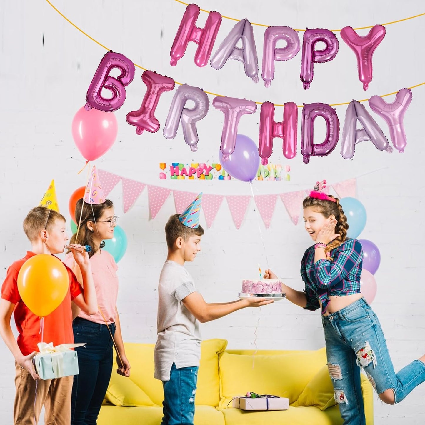 LIOZEOKUN Happy Birthday Balloon Letters 16 inch Mylar Foil Birthday Balloons Banner Sign for Birthday Party Decorations Supplies (Purple pink)