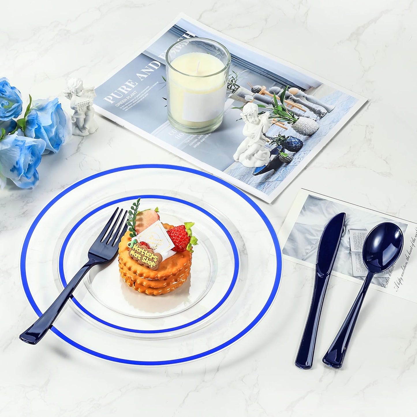 Goodluck 50 Set Dark Blue Pre Rolled Plastic Cutlery Set, Wrapped Silverware Set with 50 Forks, 50 Knives, 50 Spoons and 50 Napkins, Perfect for Party, Wedding, Christmas