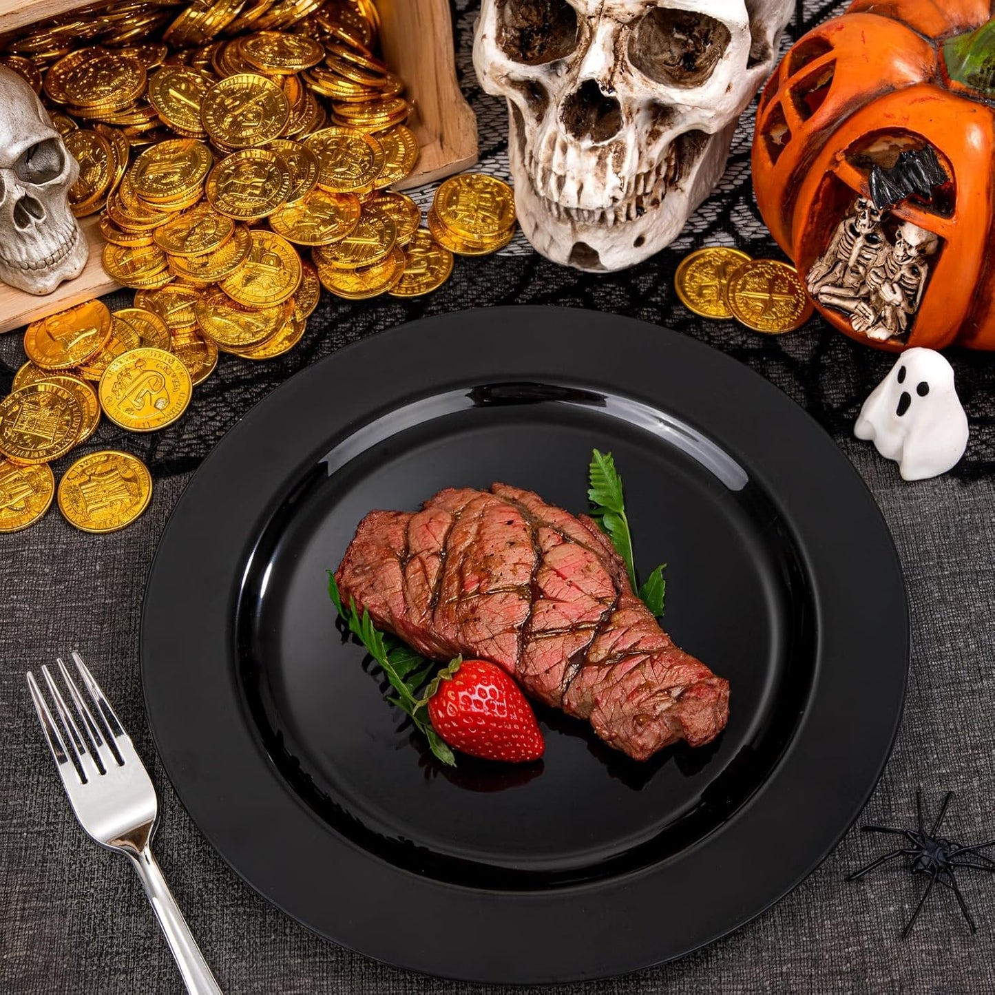 FLOWERCAT 100PCS Black Plastic Plates - Heavy Duty Black Disposable Plates for Halloween Party/Birthday/Wedding/Father's Day- serve 50guests 10 inch and 7 inch Set