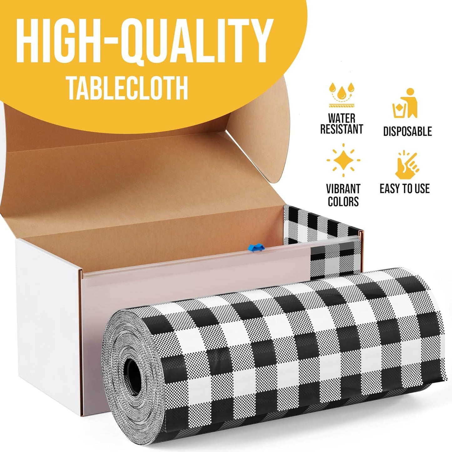 Party Solids 54 Inch X 100 Feet Black Gingham Plastic Table Cover Roll in A Cut - to - Size Box with Convenient Slide Cutter. Cuts Up to 12 Rectangle 8 Feet Plastic Disposable Tablecloths