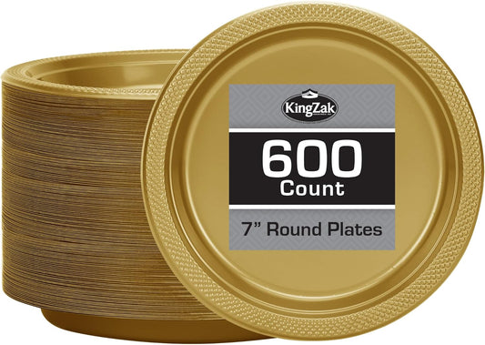 Hanna K. Signature Collection Gold Plastic Plates 7 Inch - 600 count Solid Round Party For Weddings, BBQs, Birthday Disposable Dessert (82970 (case))