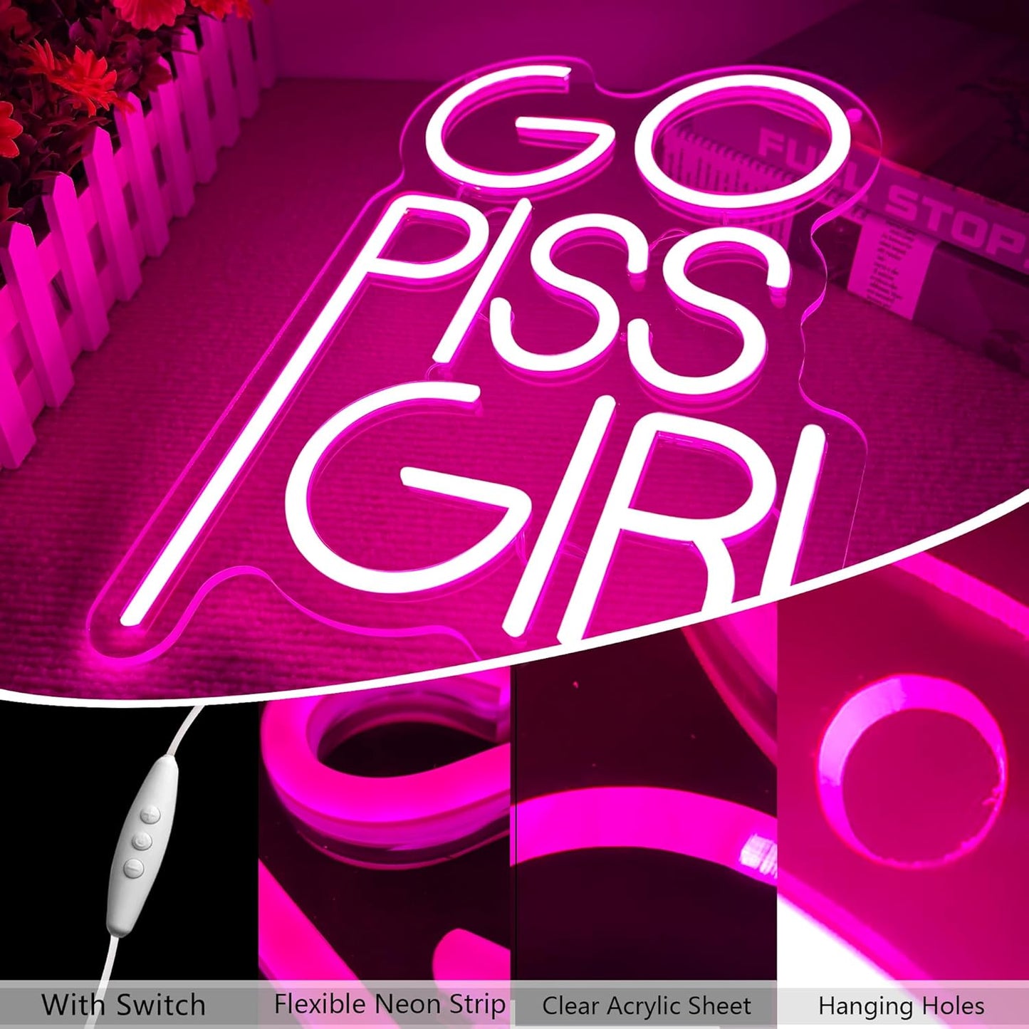 GO PISS GIRL Neon Sign Funny Dimmable LED Light Up Sign Pink Aesthetic Pop Culture Wall Decor for Dorm Room, College Apartment, Bathroom, Party, Birthday Gift, USB Powered(14.5 * 10.6in)