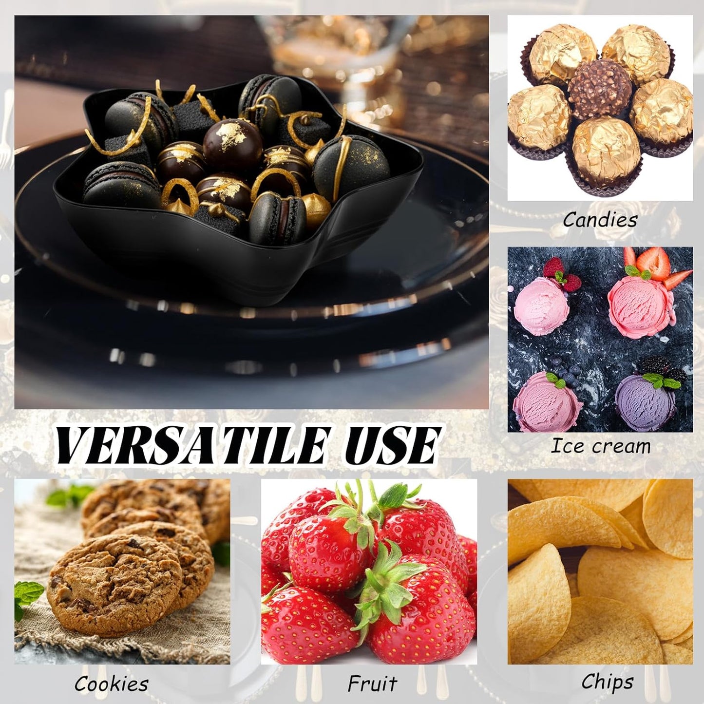 Honeydak 20 Pcs Black and Gold Star Shaped Plastic Bowls Star Dessert Plates Snack Salad Bowl Party Candy Bar Containers Serving Dishes for Chips Buffet Salad