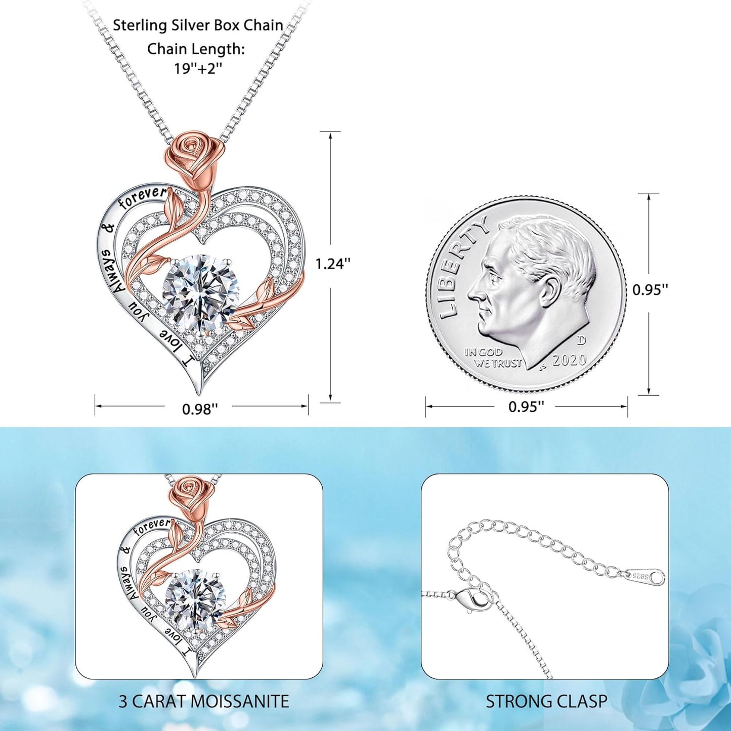 MOOSEA Rose Heart Moissanite Necklace for Women, 1-3 ct D Color VVS1 Clarity 925 Sterling Silver Moissanite Pendant Necklace Anniversary Birthday Gifts for Mom Wife Girlfriend Christmas Jewelry Gifts