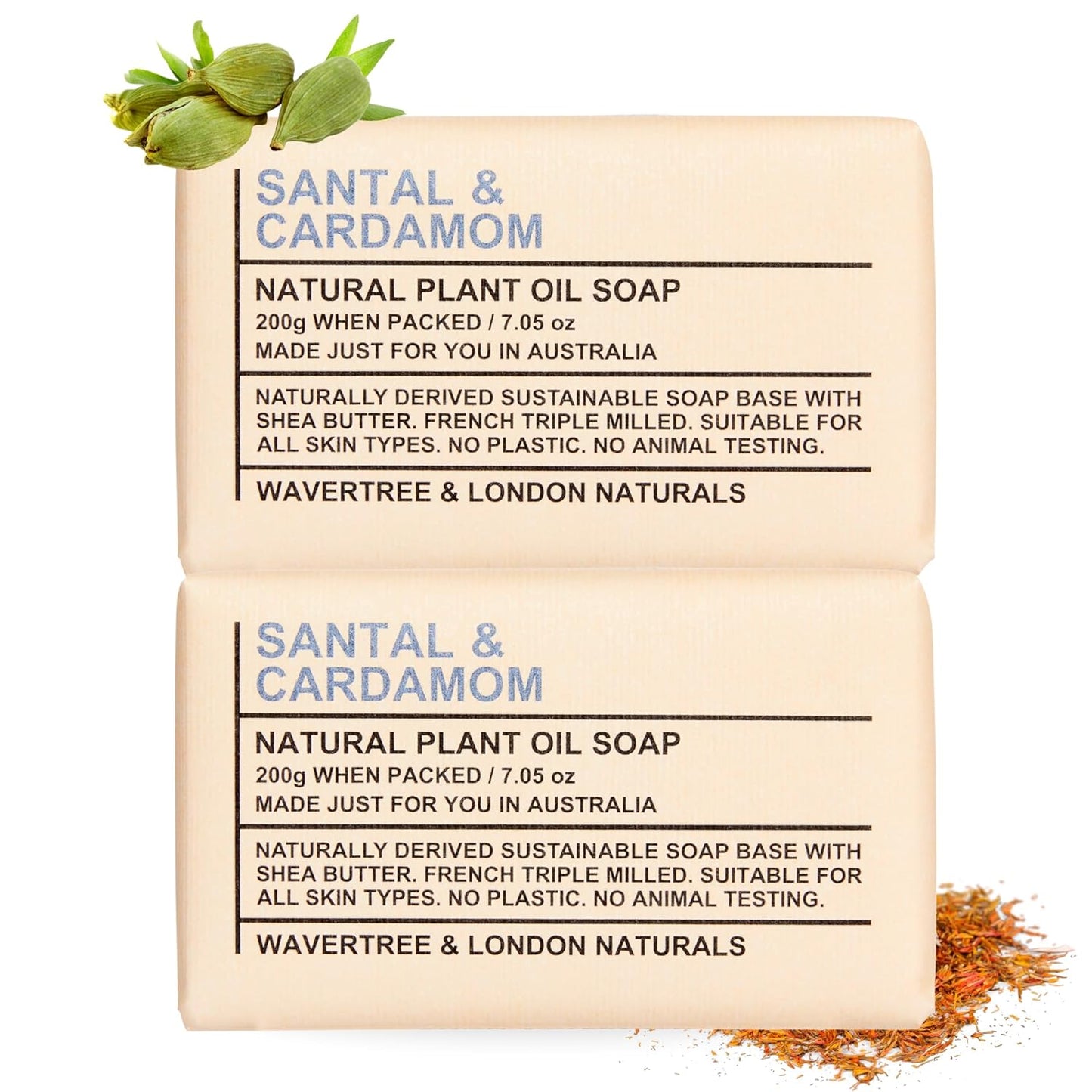 Wavertree & London Santal & Cardamon Scented Natural Soap Bars (2 Bars), 7oz Moisturizing French Triple Milled Soap enriched with shea butter - Plant Oil Bath & Body Soap Bars [100% Naturally derived]