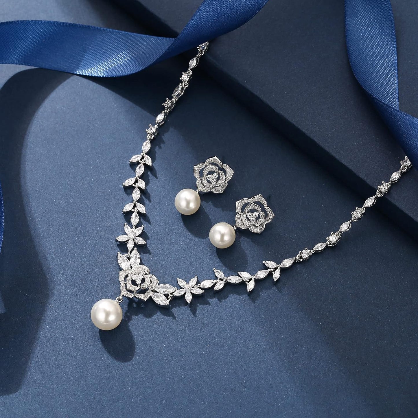 EleQueen Women's Simulated Pearl Wedding Jewelry Set, Cubic Zirconia Marquise Floral Bridal Necklace Earrings Bracelet Sets