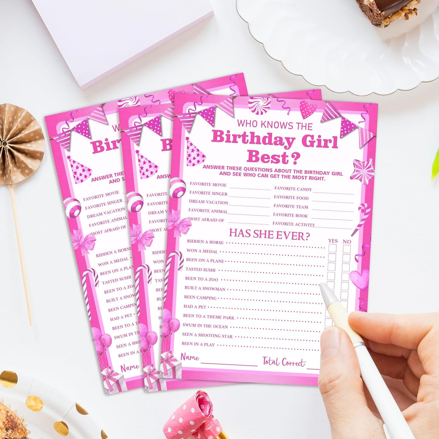 Birthday Party Games Card, Who Knows The Birthday Girl Best, Girls Sleepover Party Supplies for The Girls Card Game, 5x7 Inch Set of 25 Game Cards (Pink, Double-Sided) - A03