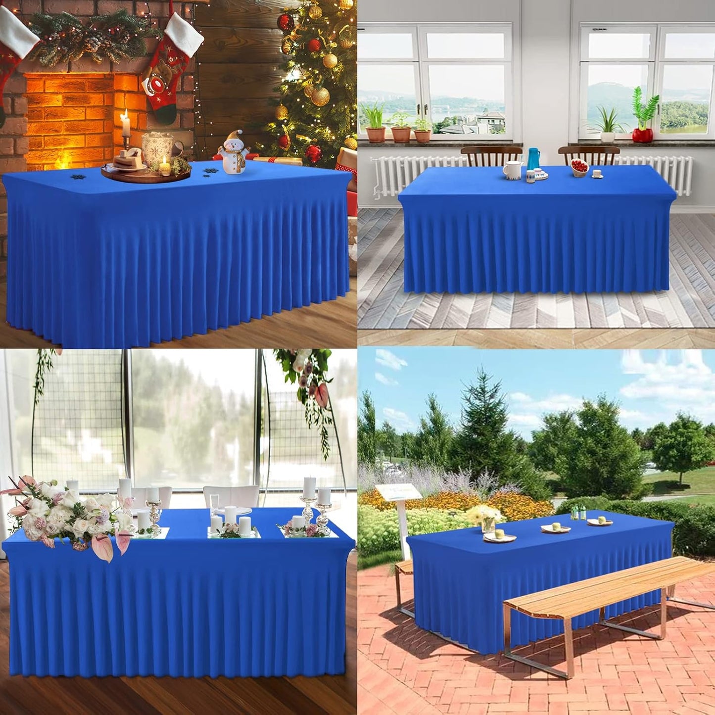 Table Skirts for Rectangle Tables 8ft - 2 Pack One-Piece Royal Blue Tablecloths and Skirt, Wrinkle Resistant Ruffles Elastic Cover for Banquets, Weddings, Events, Parties