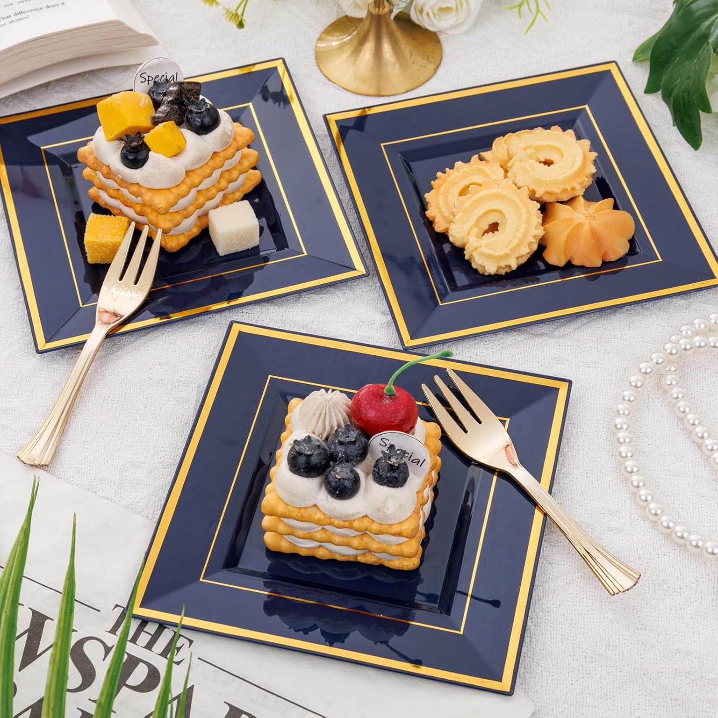 WDF 200PCS Blue Plastic Dessert Plates with Plastic Forks -6’’ 100 Square Disposable Appetizer Plates Small Cake Plates with Gold&100 Navy Blue Small Appetizer Forks