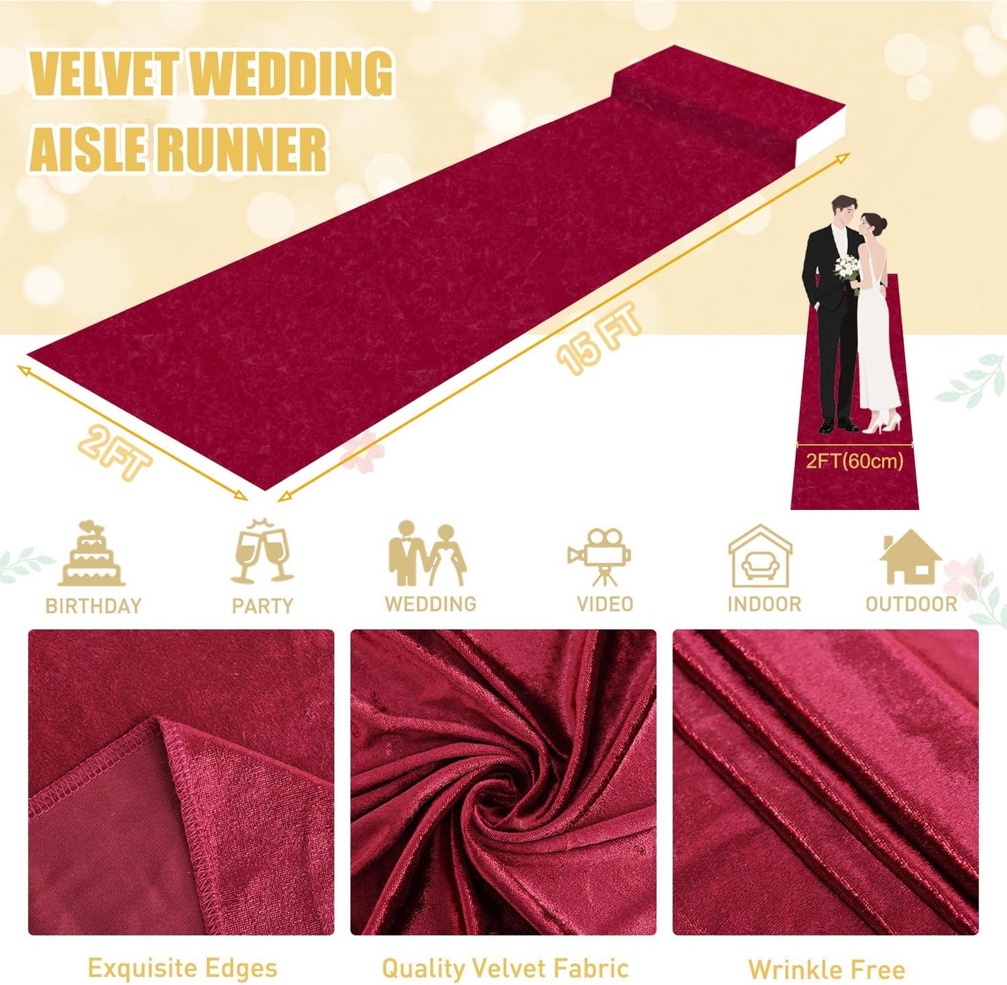FUHSY Wedding Aisle Runner Burgundy Velvet Aisle Carpet Runner 15FTx2FT Maroon Aisle Runner for Ceremony Wedding Runners Outdoor for Party Runners Rug Aisle Decorations