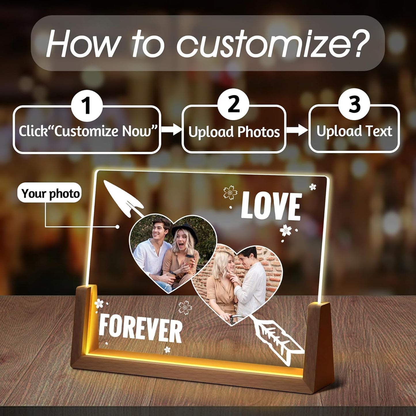 Personalized Couple Gifts For Girlfriend Boyfriend Him Her, Custom Acrylic Plaque Light Up Picture Frame With Photo, Birthday Anniversary Wedding Gifts For Women Men Husband Wife