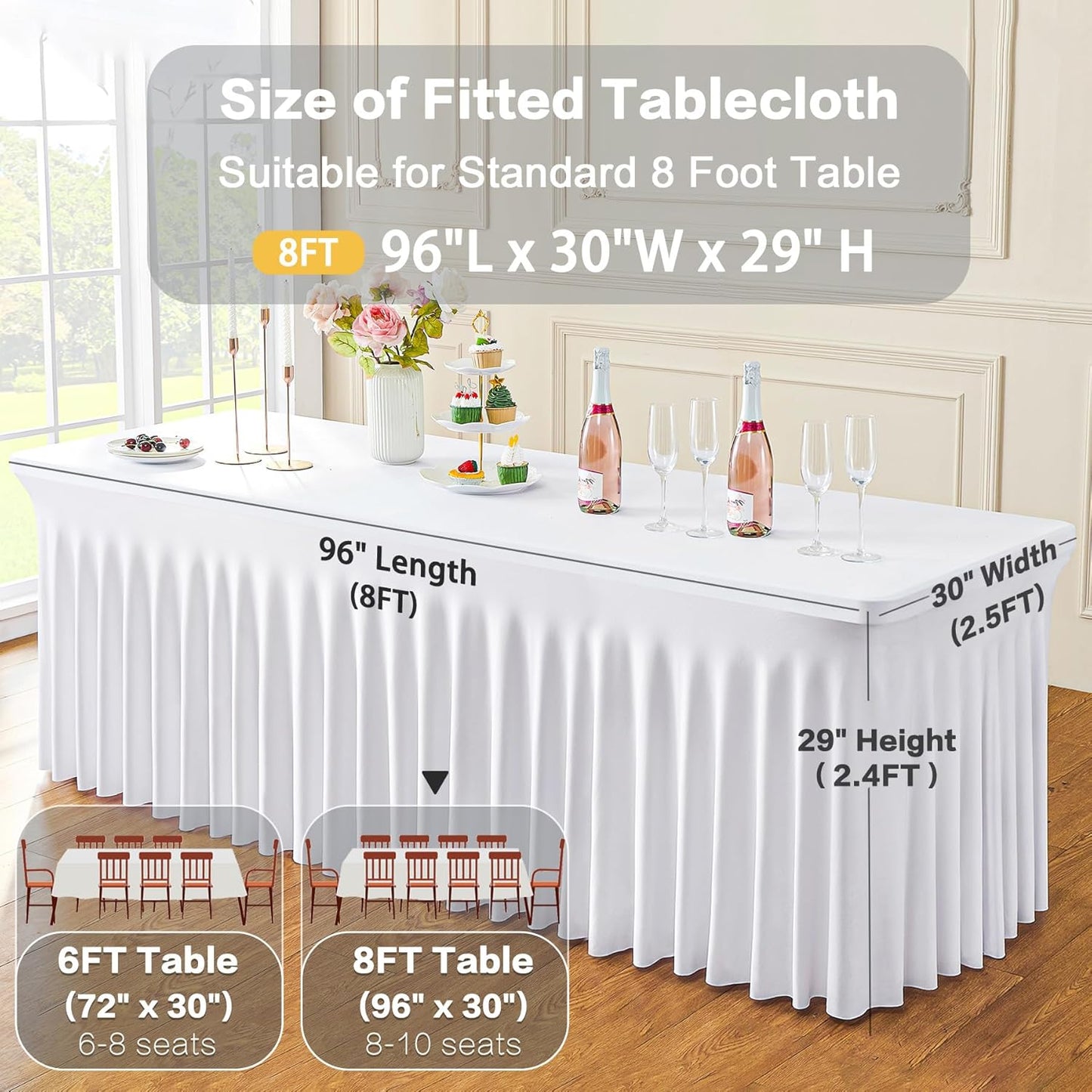 4 Pack Spandex White Tablecloths for 8 Foot Rectangle Tables, Wrinkle Free Fitted Table Cloth 8ft Stretchy Tablecover Desk Skirt for Parties Weddings Birthday Banquet Baby Shower