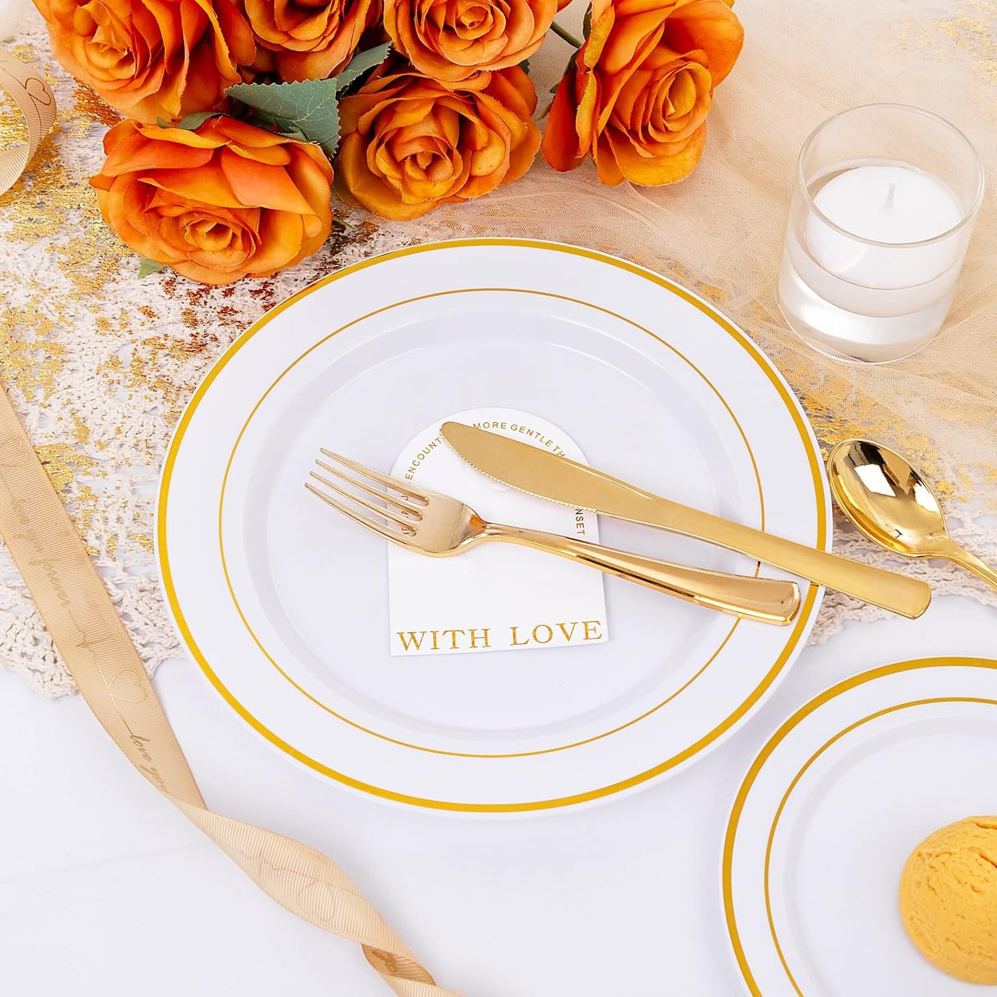 I00000 600 Pcs Gold Plastic Plates for 100 Guests.Disposable Plates for Party,Plastic Dinnerware Set of 100 Dinner Plates,100 Salad Plates,400 Gold Silverware Set(100 Spoons,100 Knives,200 Forks).