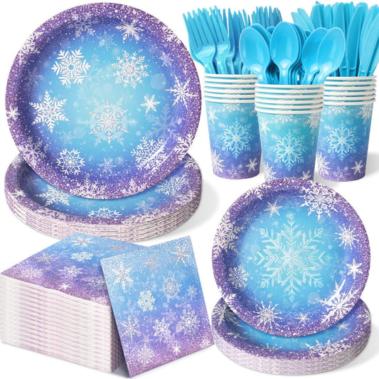 Frozen Birthday Party Decorations - Serve 24, Snowflake Party Supplies, Winter Wonderland Disposable Tableware Include Plates, Napkins, Cups, Forks, Knives, Spoons for Christmas