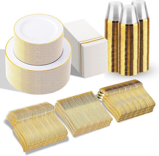 SUT 700Pcs Disposable Dinnerware Set for 100 Guests, White and Gold Plastic Plates, Party Plates and Cups and Napkins Sets, plates and Napkins Party Supplies, Gold plastic Silverware for Party Wedding