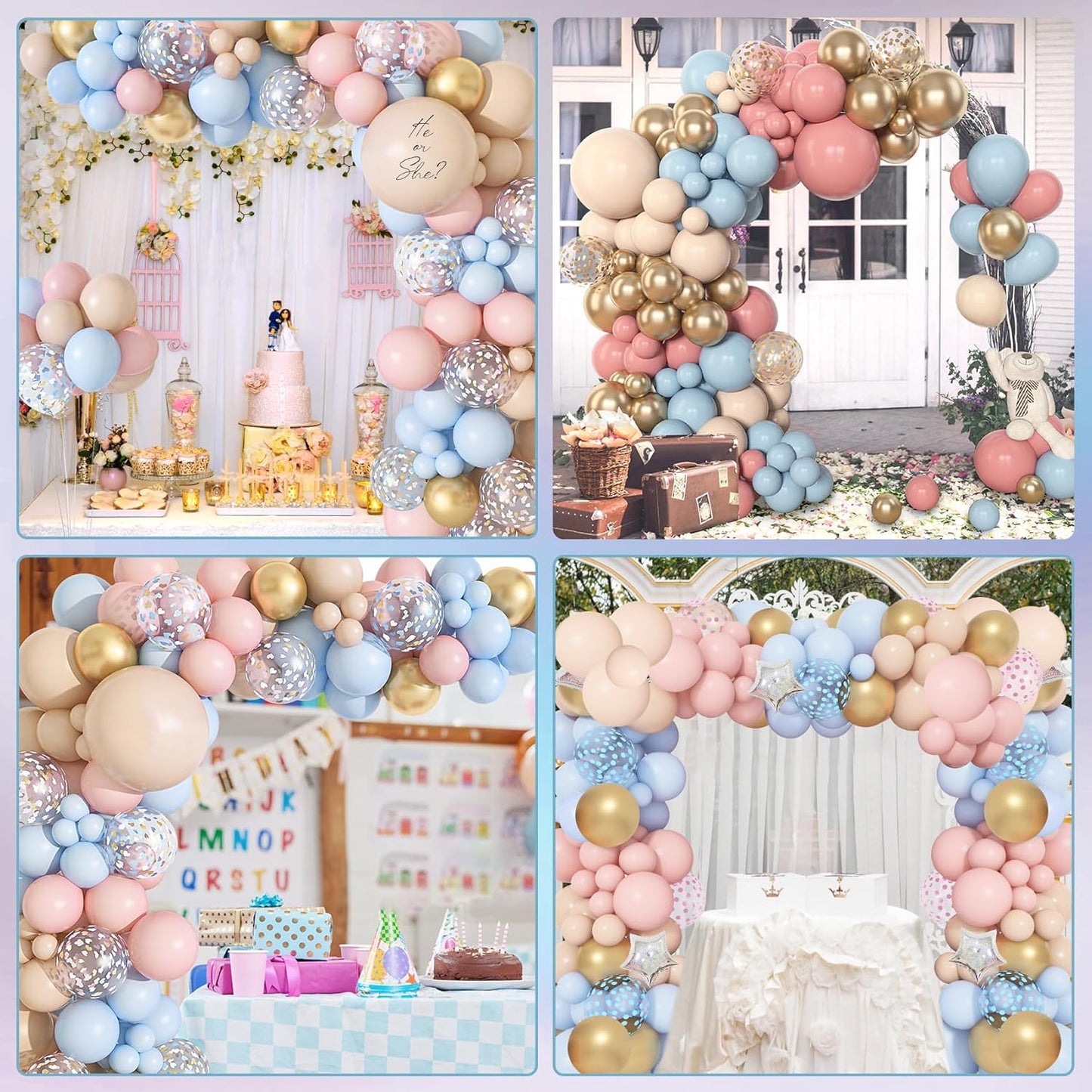 Amandir 153pcs Pink Blue Balloon Garland Arch Kit, Different Sizes 18 12 10 5 inch Dusty Pink Blue Nude Latex Metallic Confetti Gold Balloons for Gender Reveal Neutral Bear Baby Shower Decorations