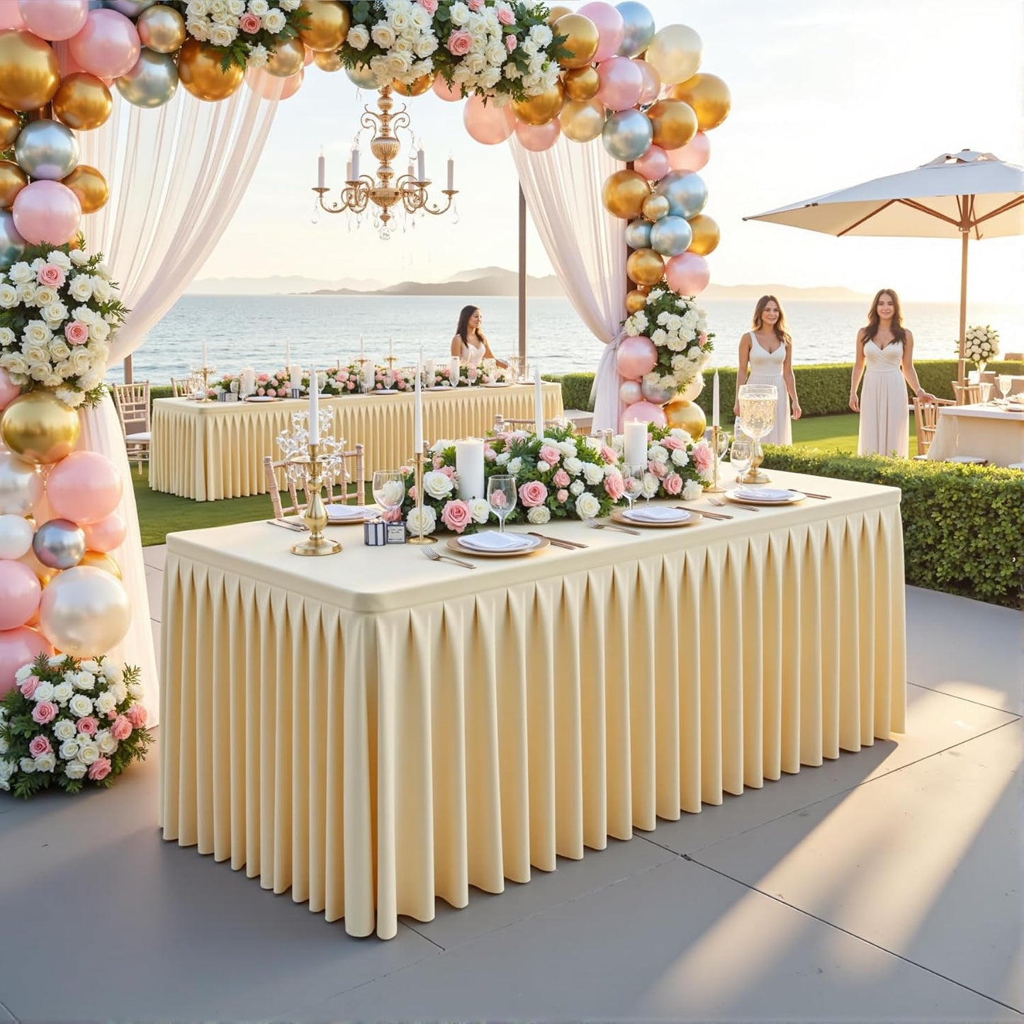 8 Pack Beige Rectangle Tablecloth 8 FT Stretch Spandex Fitted Table Cloth for 8 Foot Rectangle Tables Banquet Tablecloths Wrinkle Free Table Cover Skirt Ruffle Tablecloth for Party Wedding Birthday