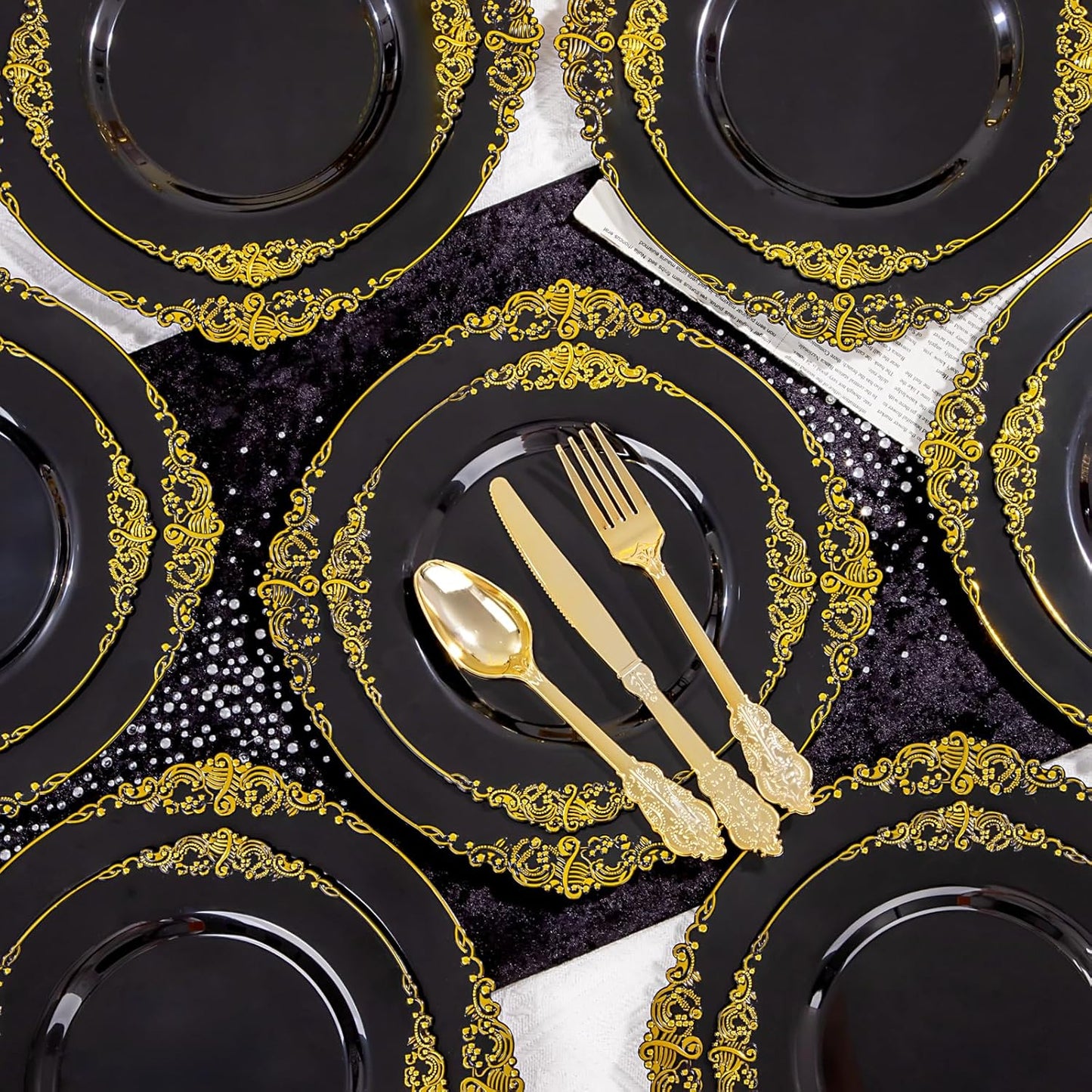 125PCS Black and Gold Plastic Plates - Black Disposable Dinnerware Set - Vintage Plastic Plates with Gold Silverware for 25 Guests for Wedding Party Halloween