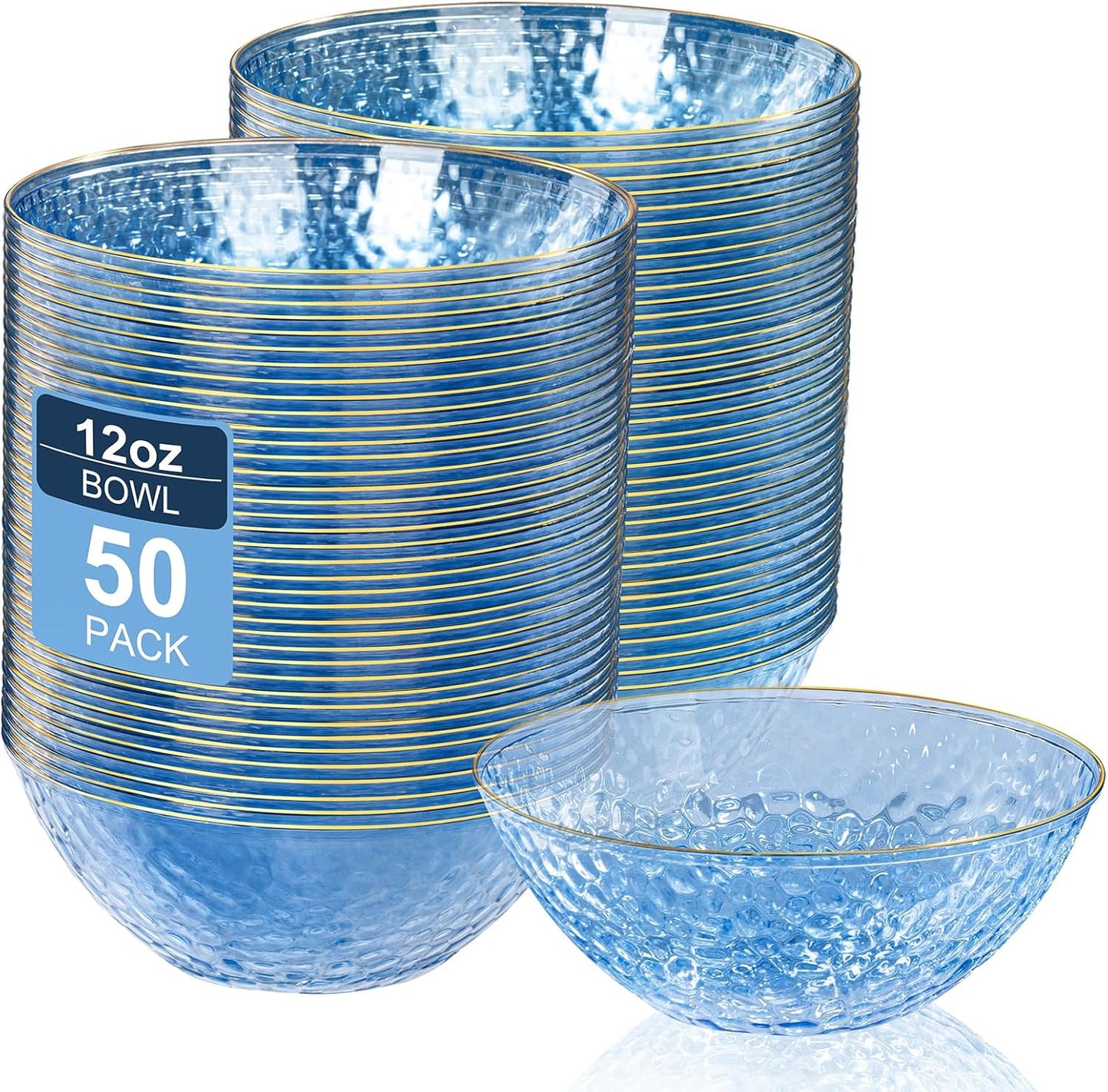 I00000 50 Pack 12 Ounce Blue Plastic Bowls Hammered Clear Bowl with Gold Rimmed, Heavy Duty Disposable Bowl Set,Elegant Small Bowls for Thanksgiving Party, Weddings, Catering