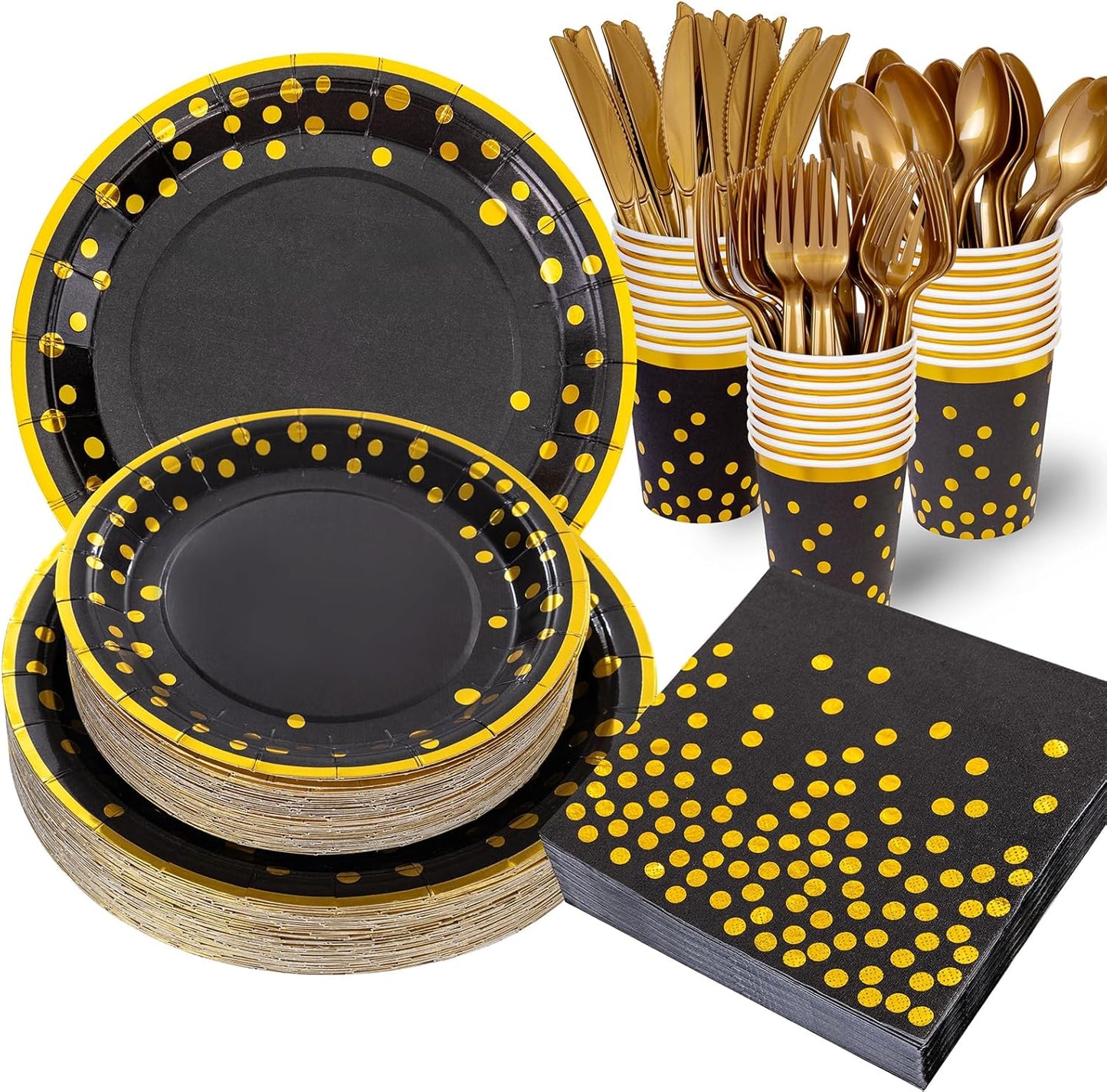 Supernal 350pcs Black and Gold Plates & Napkins Party Supplies,10inch Birthday Plates 7inch Black and Gold Paper Plates Gold Plastic Forks,Knives,Spoons,Black Napkins Cups Served 50 Guest for Birthday