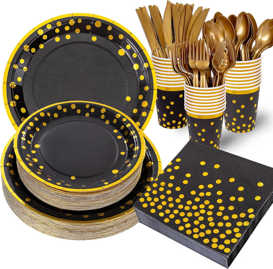 Supernal 350pcs Black and Gold Plates & Napkins Party Supplies,10inch Birthday Plates 7inch Black and Gold Paper Plates Gold Plastic Forks,Knives,Spoons,Black Napkins Cups Served 50 Guest for Birthday