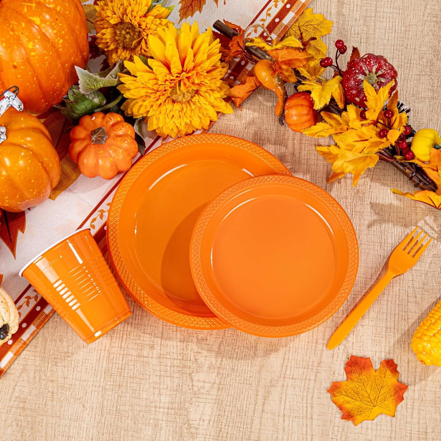 WELLIFE 210Pcs Orange Disposable Plates,Thanksgiving Plastic Plates,Includes: Orange Plates,Disposable Cutlery,12OZ Cups and Napkins Serve 30 Guests,Plastic Dinnerware Set for Thanksgiving