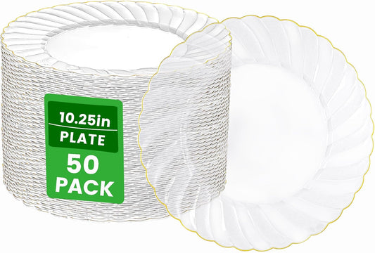 YOUBET 50 Pack Clear Scalloped Plastic Plates - 10.25 Inch Clear Gold Disposable Plates - High End Elegant Vintage Dinner Plate for Party & Weeding & Birthday & Thanksgiving