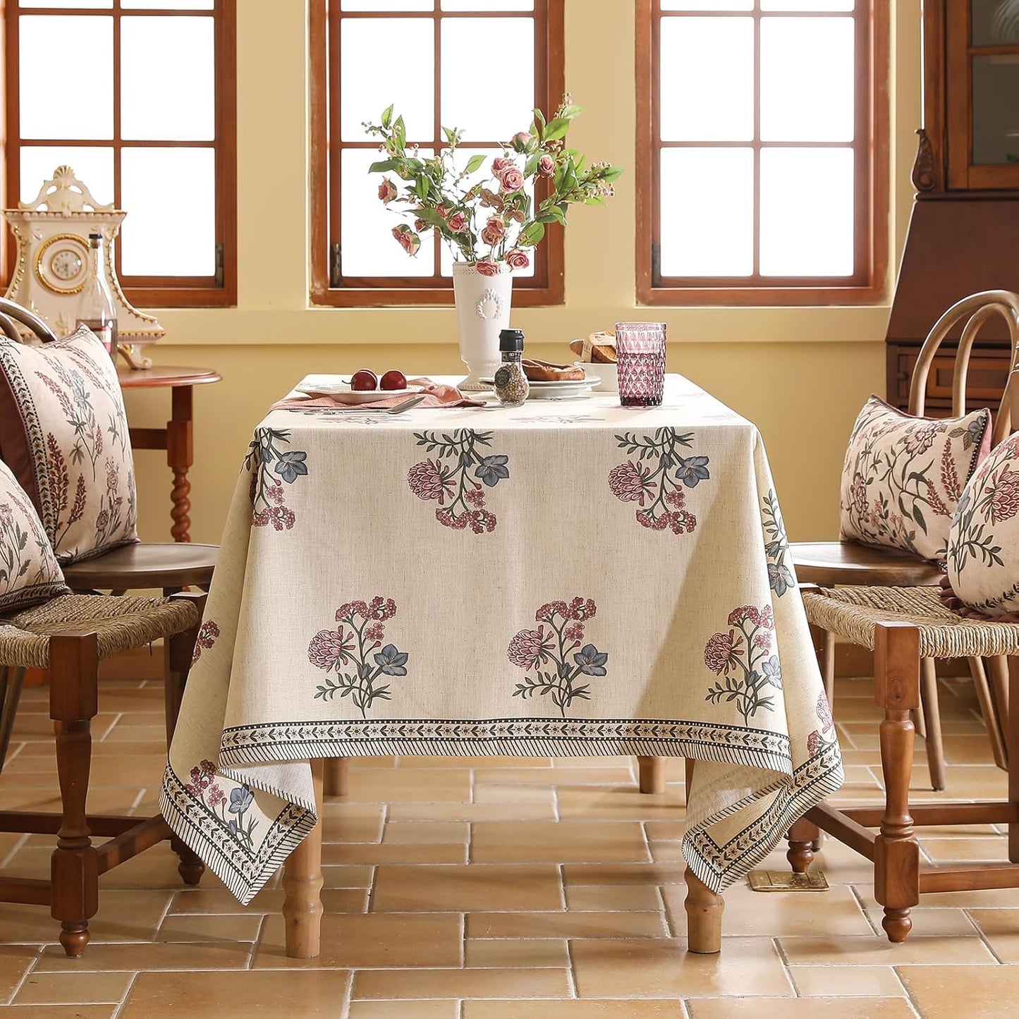 ISAENNE Designer Linen Light Beige Square Tablecloth,French Colorful Floral Table Cloth,Fall Stain Resistant Decor Tablecloths for Dining Thanksgiving Christmas Kitchen,67"*67"-Helena E