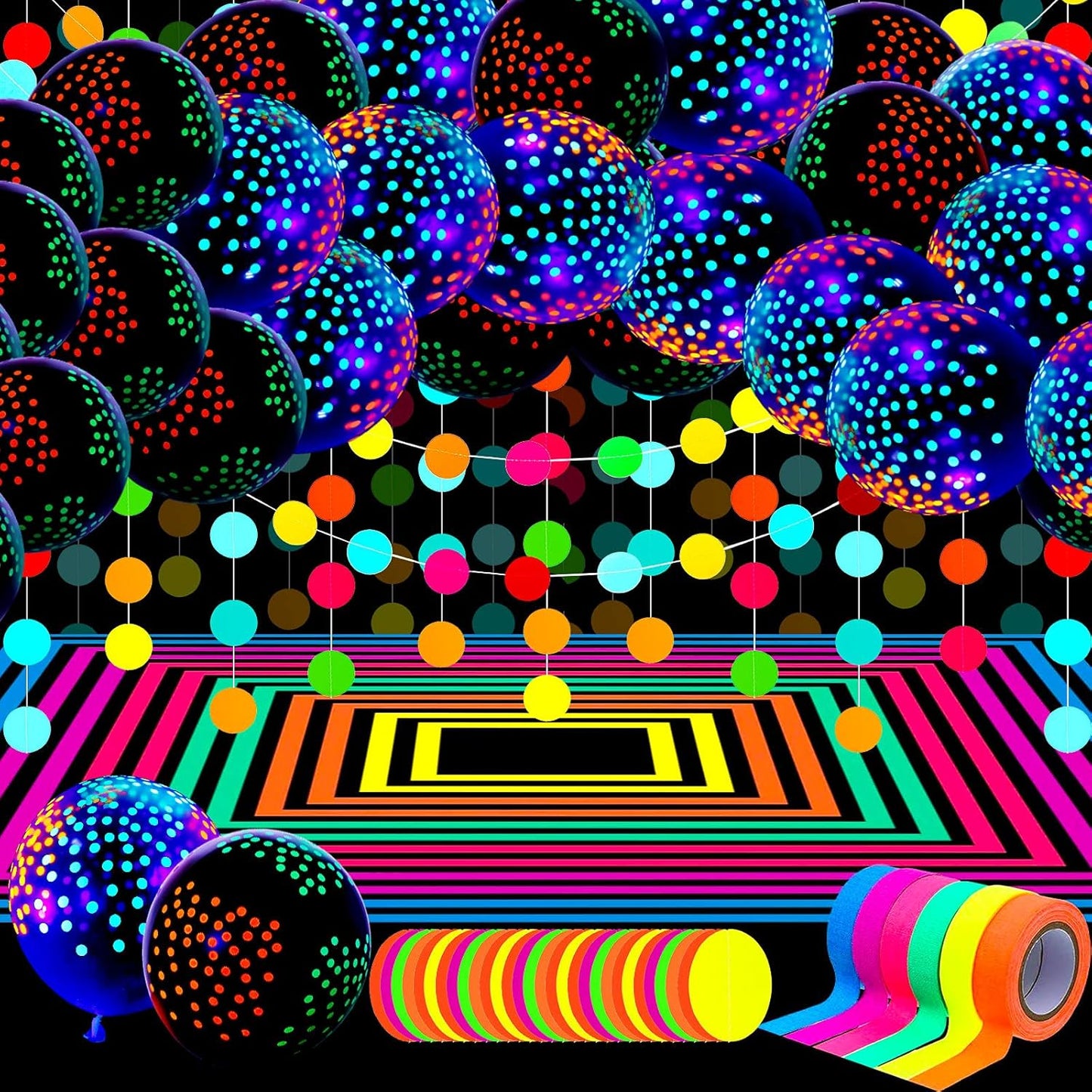 32 Pcs Glow in The Dark Party Supplies Christmas Neon Party Favors with 25 Fluorescent Balloon 6 Rolls 98.4 ft UV Blacklight Luminous Tape 14.4 ft Neon Streamer Garland for Adults(Bright Dot)