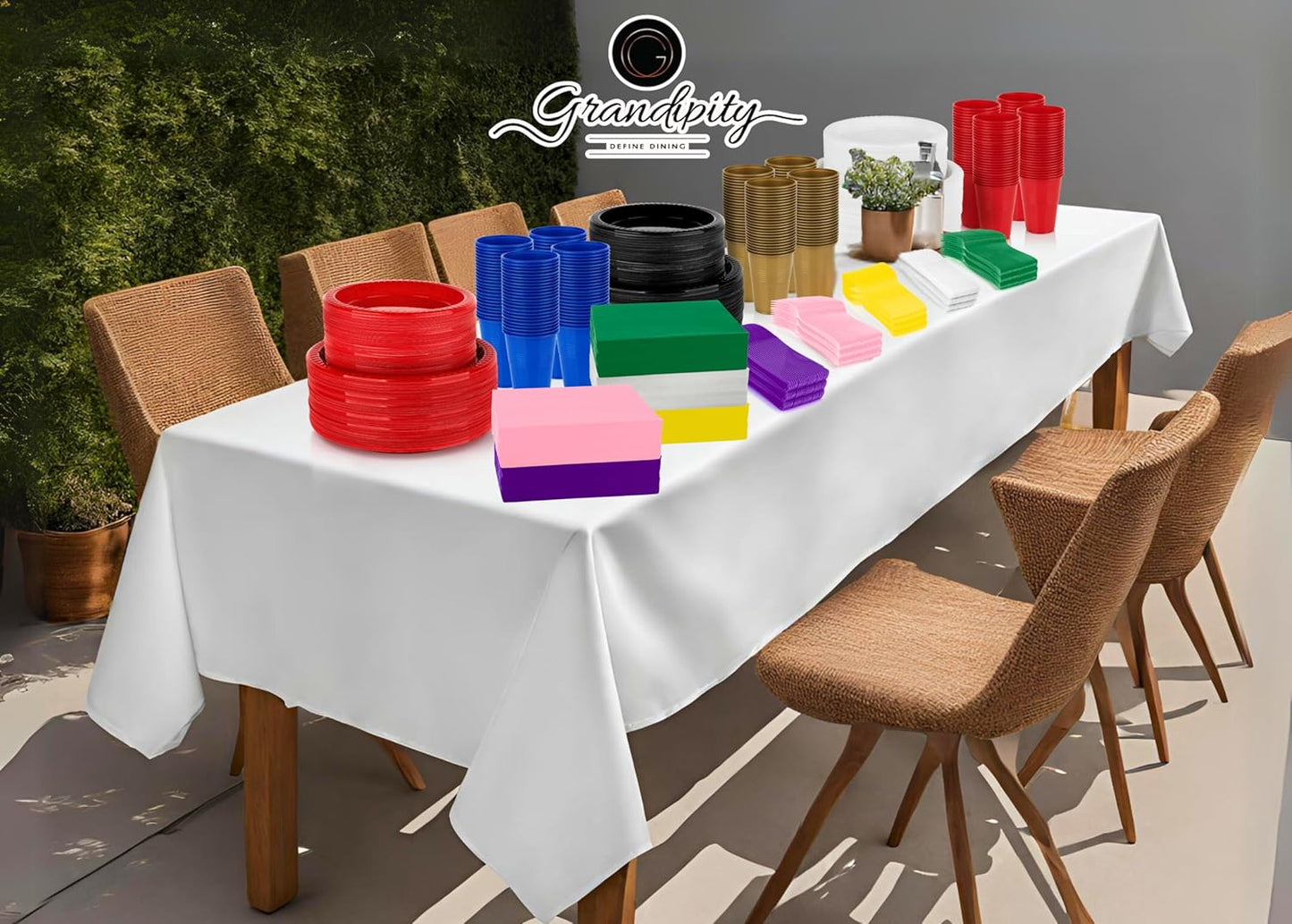 Grandipity 350 Piece Pink Disposable Dinnerware Set, Includes 50 of Each: 9" Dinner Plates, 7" Dessert Plates, 12oz Cups, Paper Napkins, Forks, Knives & Spoons