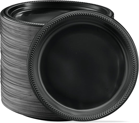 PLASTICPRO 400 PCS Black Plastic Plates Light Weight 10'' Inch Plastic Dinner Plates Black Plates Disposable for Party and Wedding