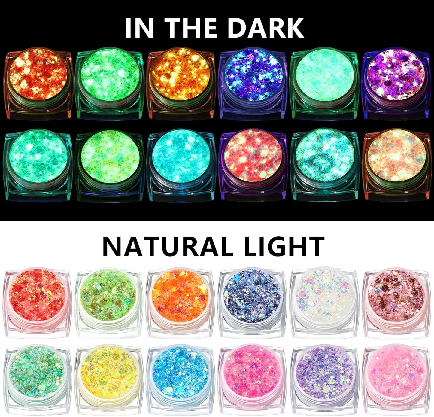 Teenitor Glow in The Dark Glitter, 12 Colors Body Glitter Face Glitter Hair Glitter Gel for UV Black Light Halloween Makeup Festivals Raves