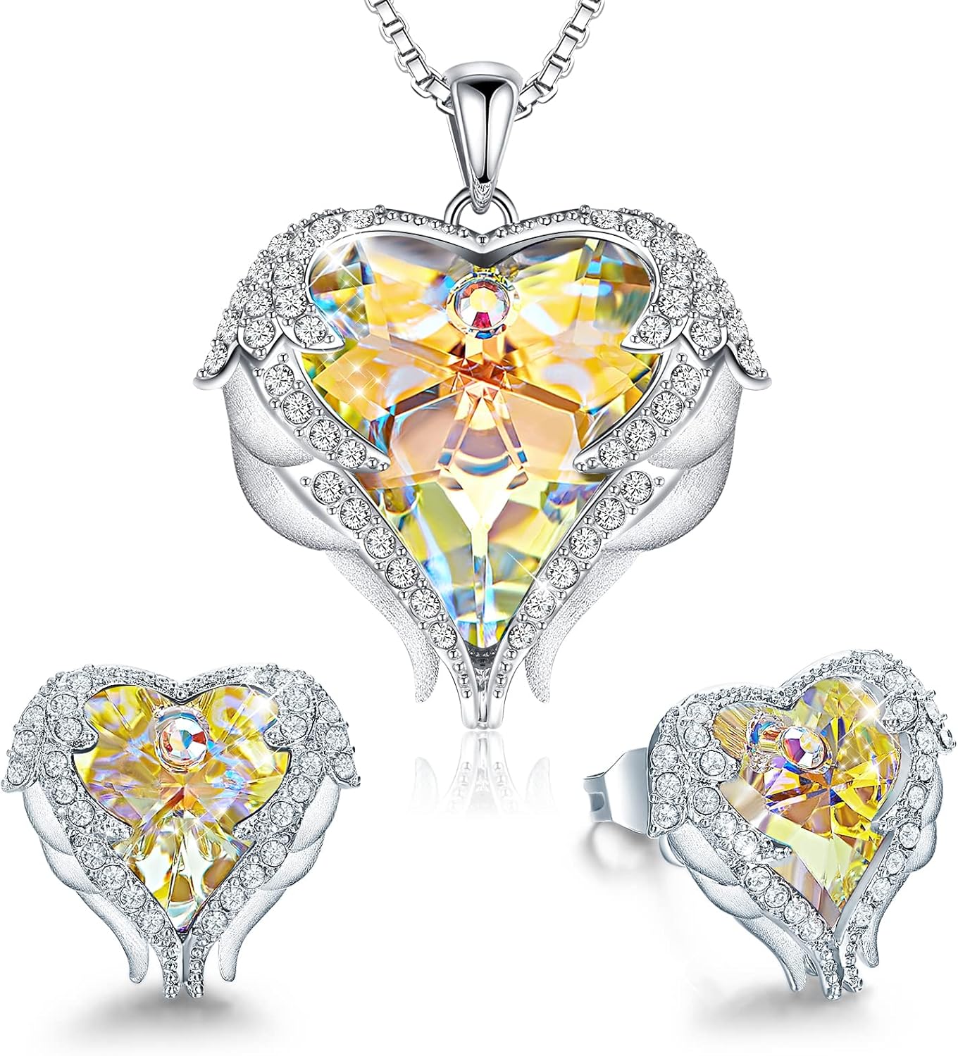 CDE Mothers Day Jewelry Set for Women, Angle Wing Heart Pendant Necklaces and Earrings with Birthstone， Birthday/Anniversary Christmas Jewelry Gift for Women Wife Her