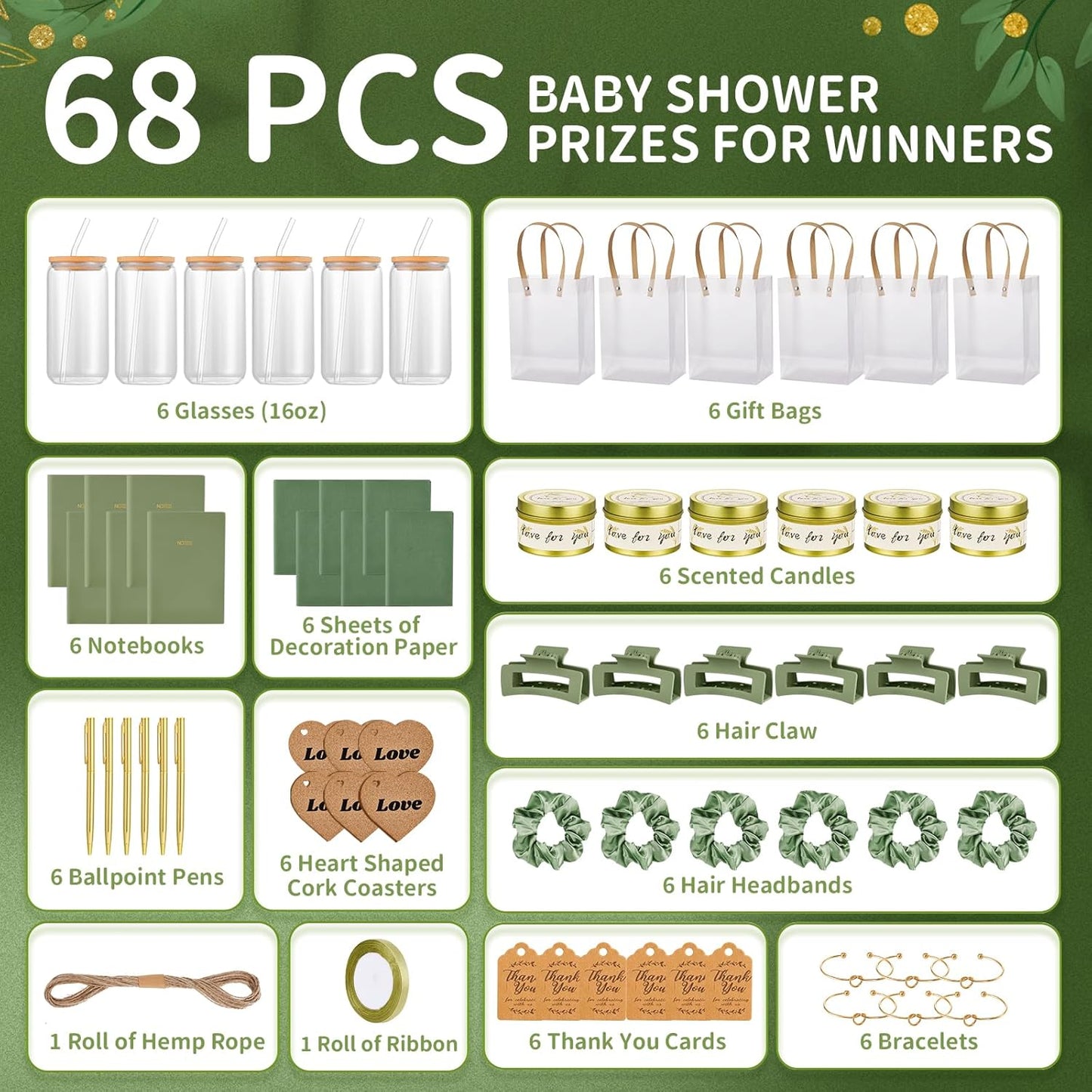 68Pcs Baby Shower Prizes for Game Winners Gifts Wedding Bridal Shower Gifts Including Glass Cans Notebooks Soy Candles Hair Clips for Baby Shower Wedding Bridal Shower Game Prizes (6, Green)