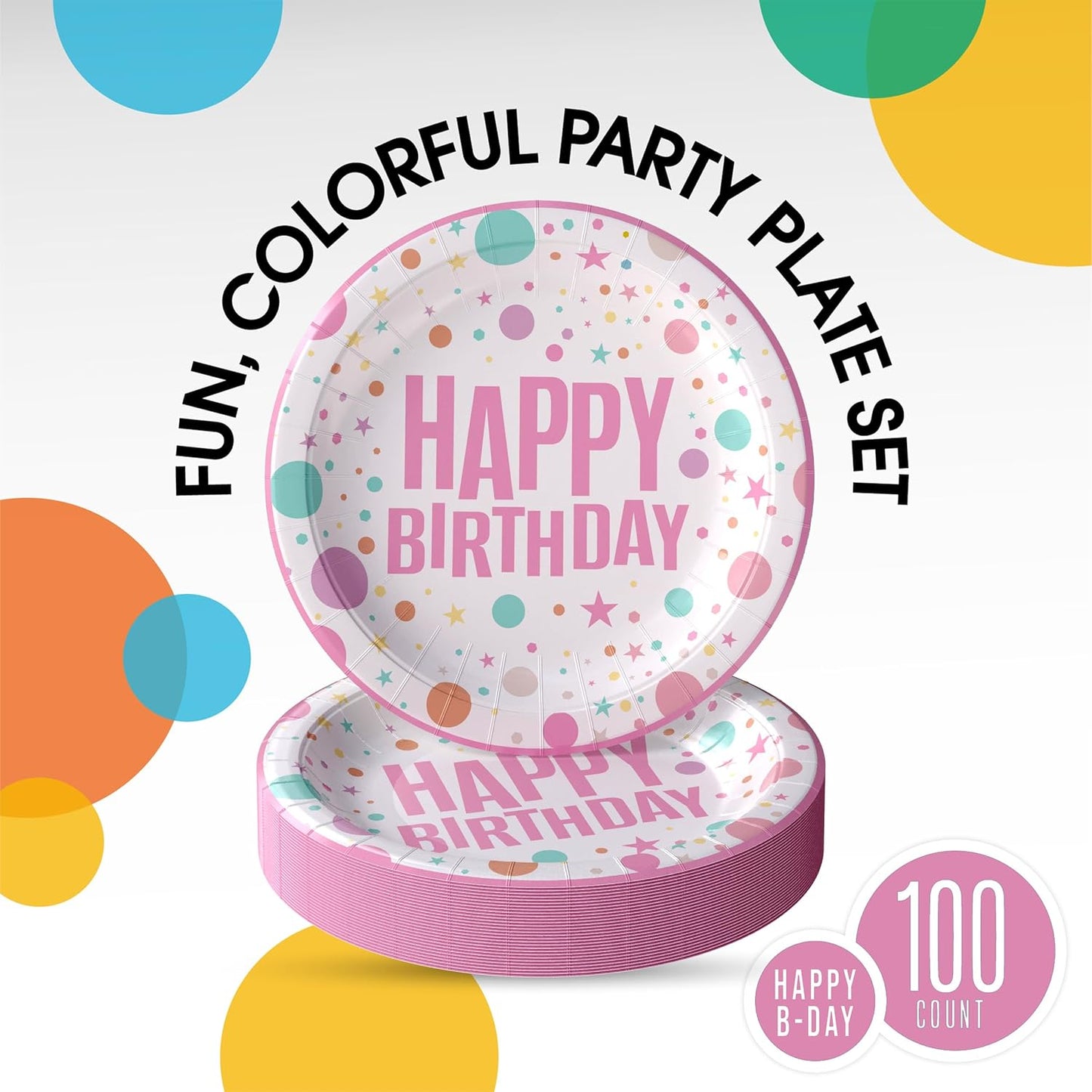 Exquisite Pink Happy Birthday Plates 9" Birthday Paper Plates 100 Pcs Pink Party Plate | Disposable Heavy Duty 350 Gsm Disposable Plate For Party Supplies And Decorations
