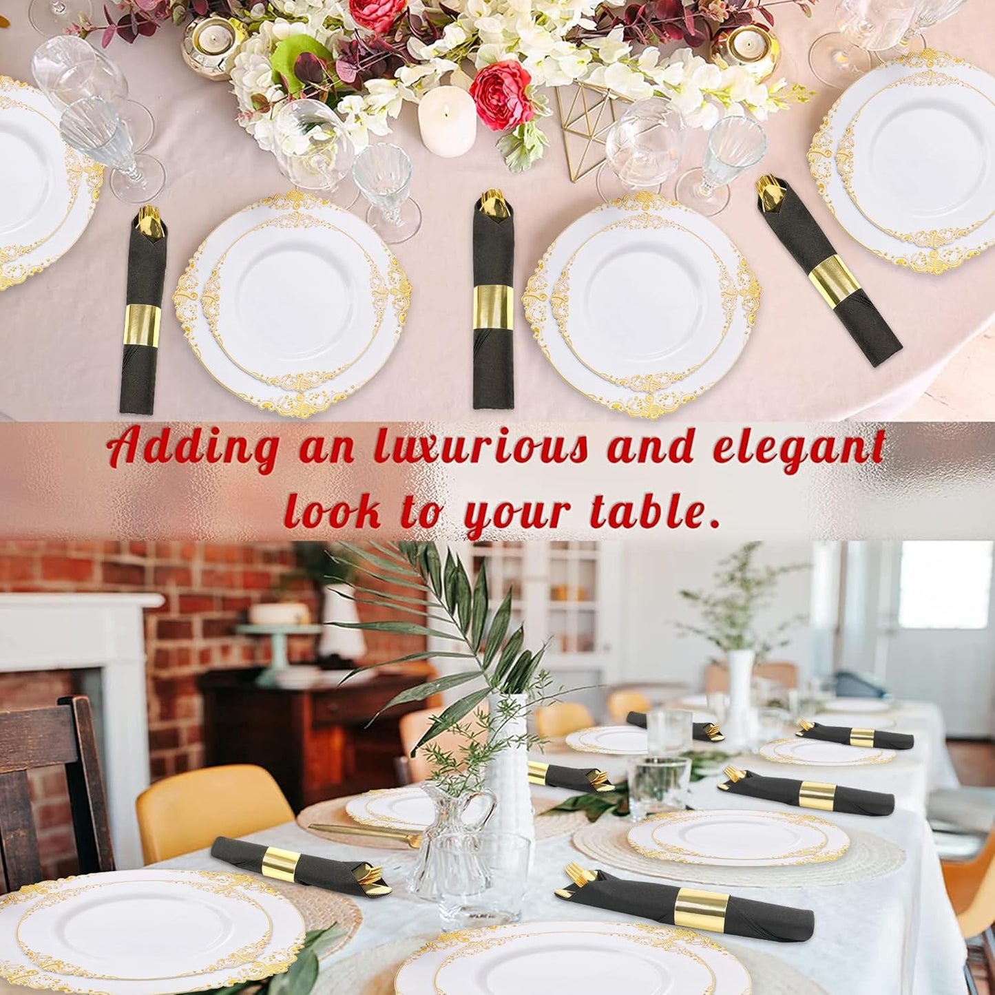 50 Pack Pre Rolled Gold Plastic Silverware Set,Fancy Wrapped Plastic Cutlery Set with Napkin Include 50 Forks,50 Spoons,50 Knives and 50 Black Napkins for Party, Wedding