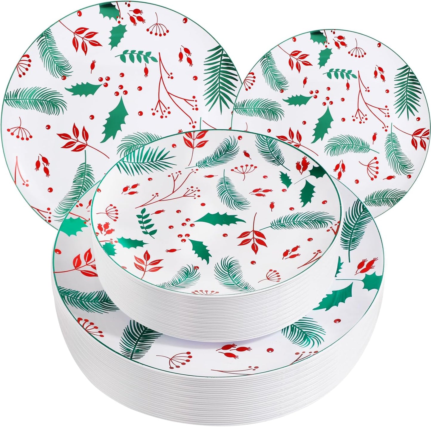 NOCCUR 60PCS Christmas Disposable Plates - Green & Red Plastic Dinner Plates, 30 Dinner & 30 Salad Plates - Pine Needle & Berry Design, Heavy Duty for Christmas Parties